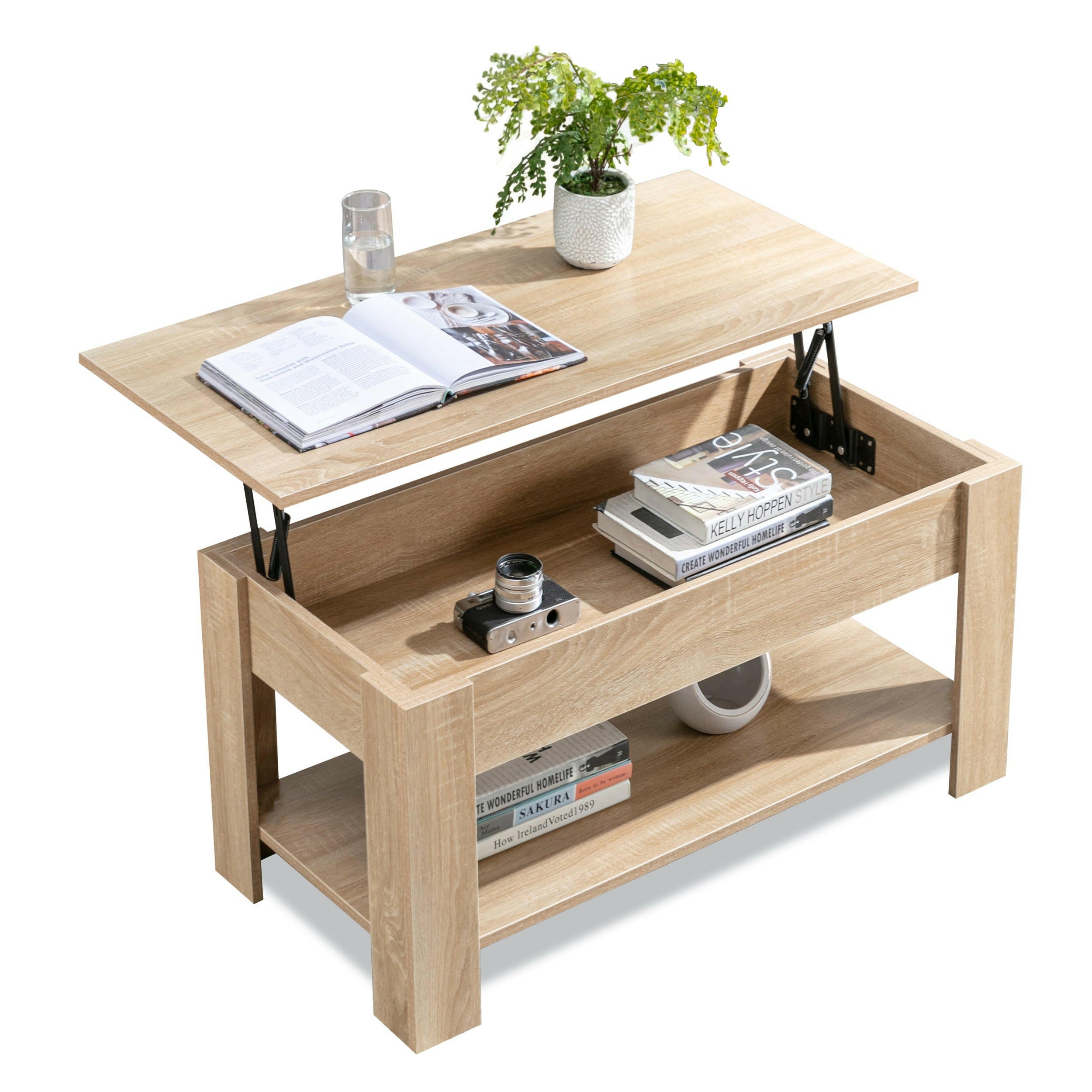 Square coffee table with storage, lift-up top, and shelves for books and decor