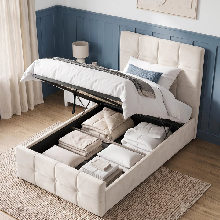 [Single | Beige] velvet upholstered storage bed with the bottom lift up, showing neatly folded bedding and linens inside