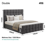 Square Ottoman Storage Bed in dark grey velvet with tufted headboard and footboard, double size 4ft6 with lift-up storage base. Dimensions: 204cm x 145cm.