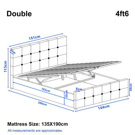 Dimensions of a double bed with mattress size and approximate measurements.