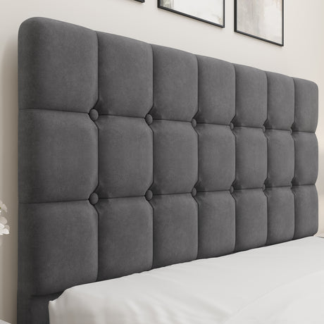 Close-up of the square-patterned headboard in grey velvet, part of the Square Ottoman Storage Bed.