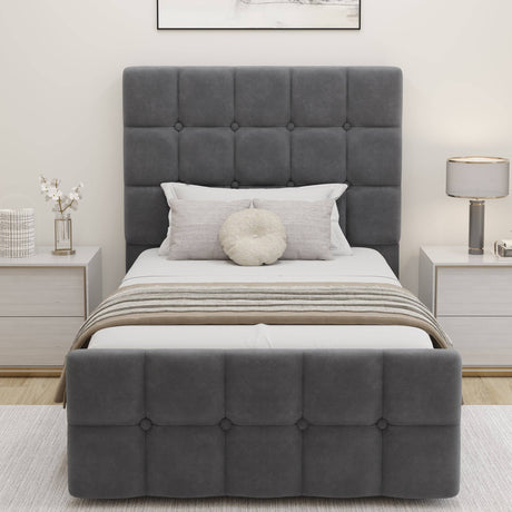 Front view of Square Ottoman Storage Bed in grey velvet, featuring a padded headboard and footboard with button tufting for a stylish look.
