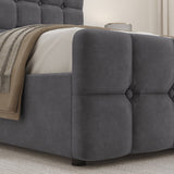 Detail of the footboard corner in grey velvet with button tufting, showcasing the plush finish of the Square Ottoman Storage Bed Frame.