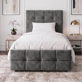 [Single | Dark Grey] Front view single Square Ottoman Storage Bed in grey velvet with tufted headboard and footboard