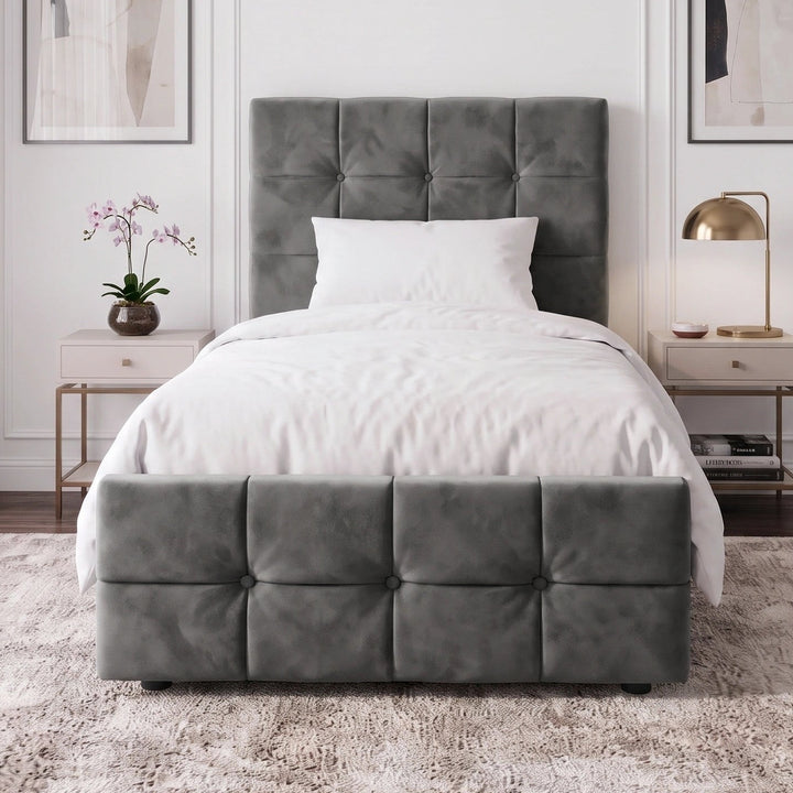 [Single | Dark Grey] Front view single Square Ottoman Storage Bed in grey velvet with tufted headboard and footboard
