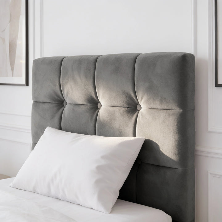 [Single | Dark Grey] Grey velvet headboard detail single Square Ottoman Storage Bed with four panels and centre buttons