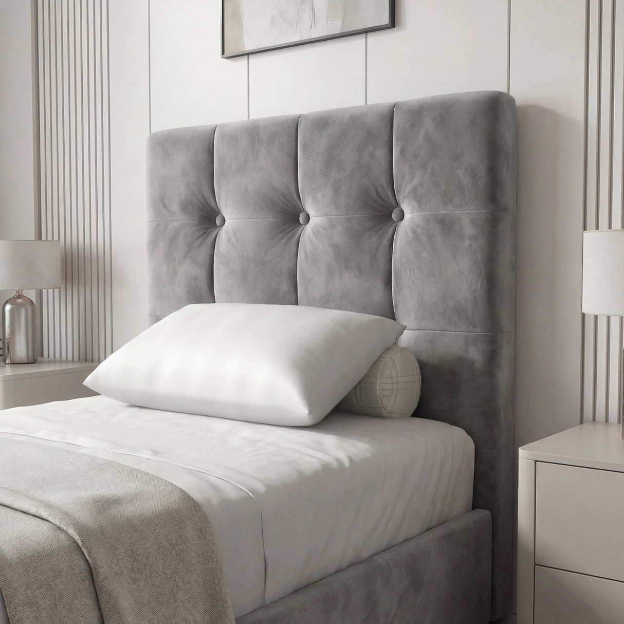 [Single | Dark Grey] Close-up of the high square-patterned headboard in grey velvet, part of the Square Ottoman Storage Bed collection for elegant bedrooms