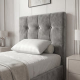 [Single | Dark Grey] Close-up of the high square-patterned headboard in grey velvet, part of the Square Ottoman Storage Bed collection for elegant bedrooms