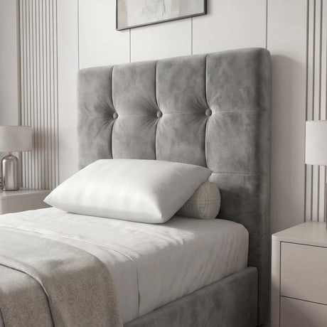 [Single | Dark Grey] Close-up of the high square-patterned headboard in grey velvet, part of the Square Ottoman Storage Bed collection for elegant bedrooms