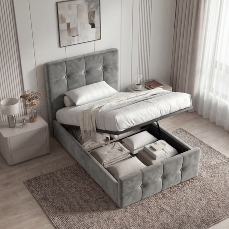 Velvet Ottoman Bed Frame in grey shown with lifted mattress revealing spacious underbed storage, perfect for compact bedroom organisation