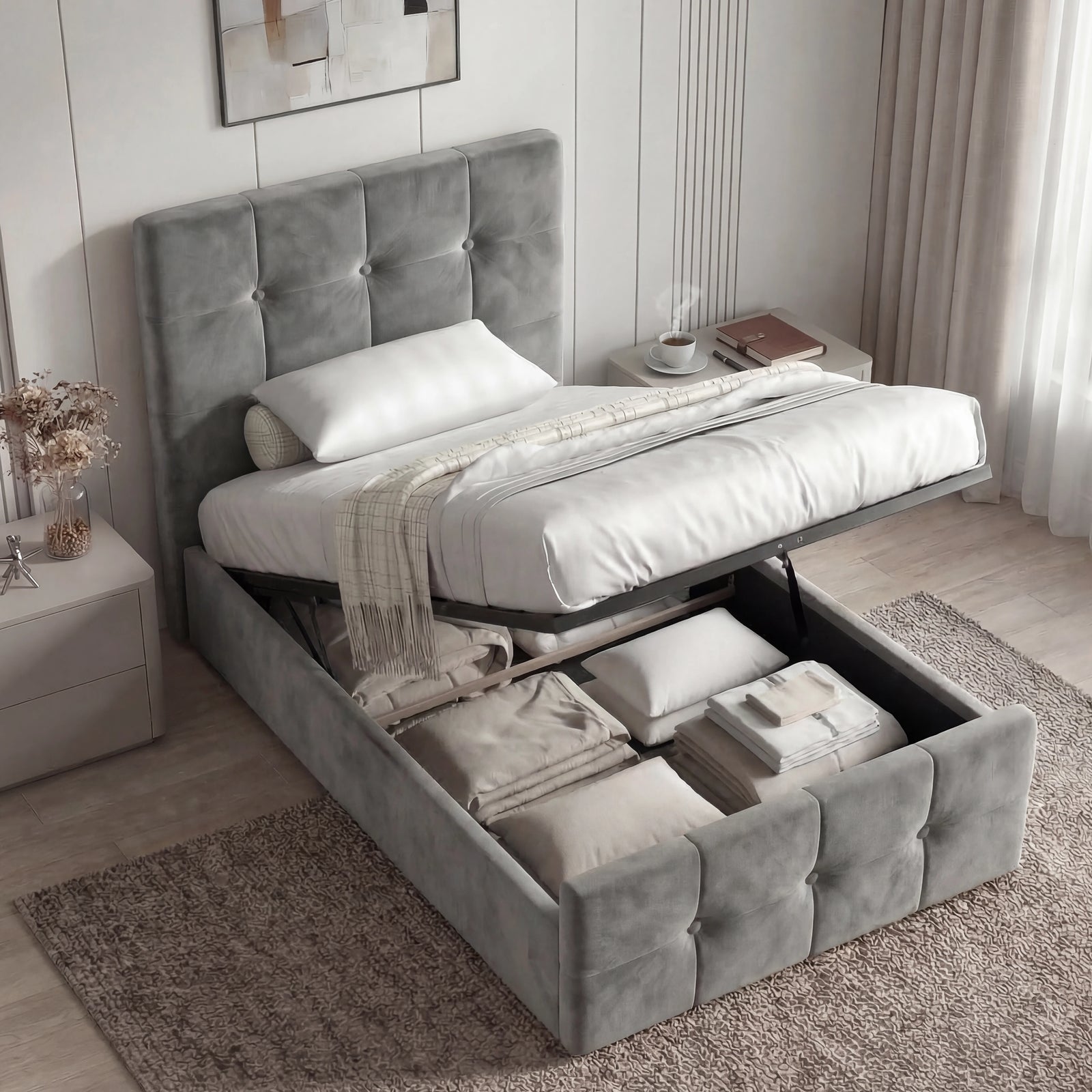 [Single | Dark Grey] Single Square Ottoman Storage Bed in grey velvet with mattress lifted on gas pistons over storage