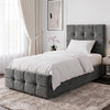 [Single | Dark Grey] Square Ottoman Storage Bed in single grey velvet, side view with tufted headboard and footboard