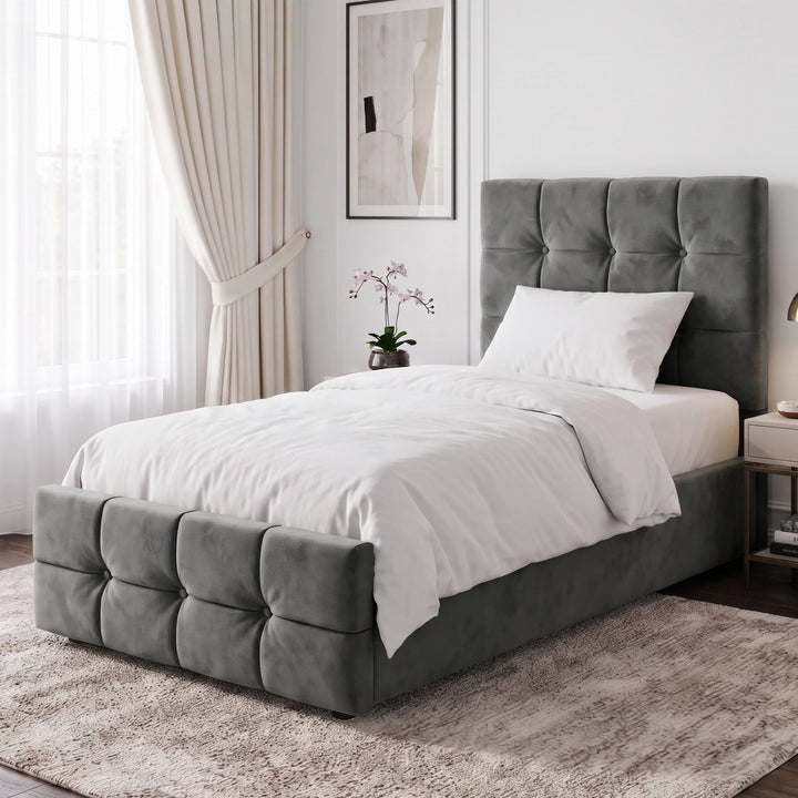 [Single | Dark Grey] Square Ottoman Storage Bed in single grey velvet, side view with tufted headboard and footboard