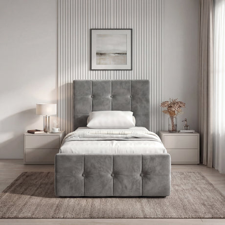 Front view of the Square Ottoman Storage Bed in grey velvet, featuring a padded headboard and footboard with button tufting for a stylish look