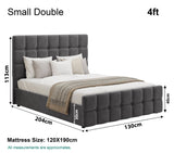 Small double 4ft Square Ottoman Storage Bed dimensions in grey velvet with gas lift storage and 120x190cm mattress size.