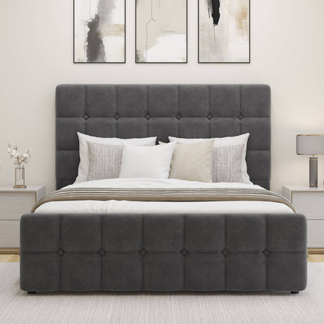 Front view of small double Square Ottoman Storage Bed in grey velvet with button-tufted headboard and footboard.