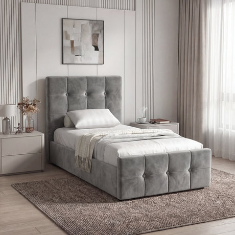 Square Ottoman Storage Bed in grey velvet with high tufted headboard, ideal for modern single bedrooms with built-in underbed storage