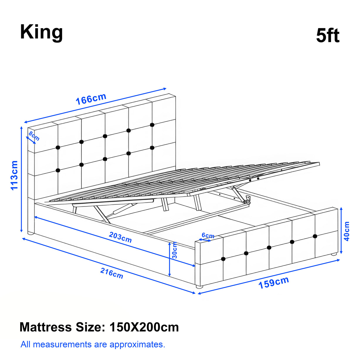 Measurement chart of a King size bed with dimensions labeled