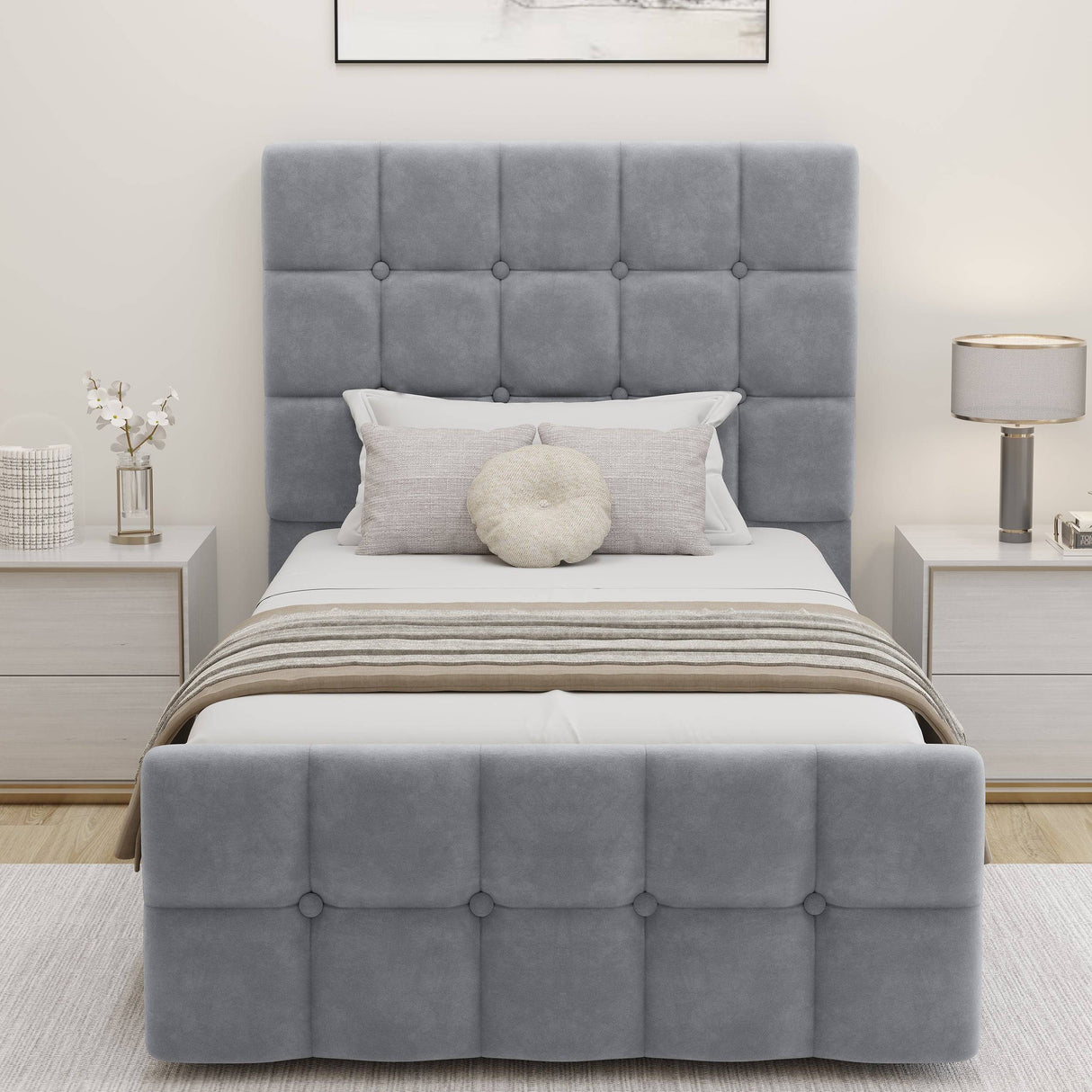 Front view of light grey Square Ottoman Storage Bed with plush tufted headboard and footboard, designed for single bedroom comfort.