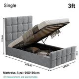 3ft Single Square Ottoman Storage Bed dimensions in light grey velvet, featuring gas lift storage and 90x190cm mattress size.