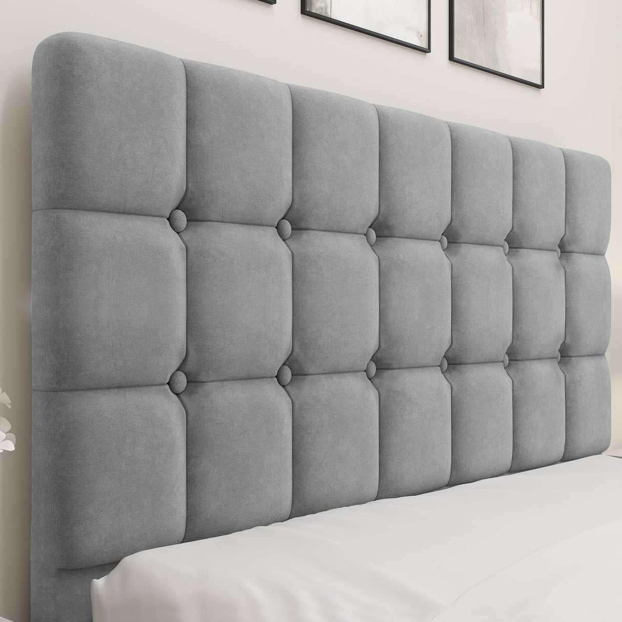 Close-up of the light grey velvet headboard with square tufting, part of the small double Ottoman Bed Frame collection.