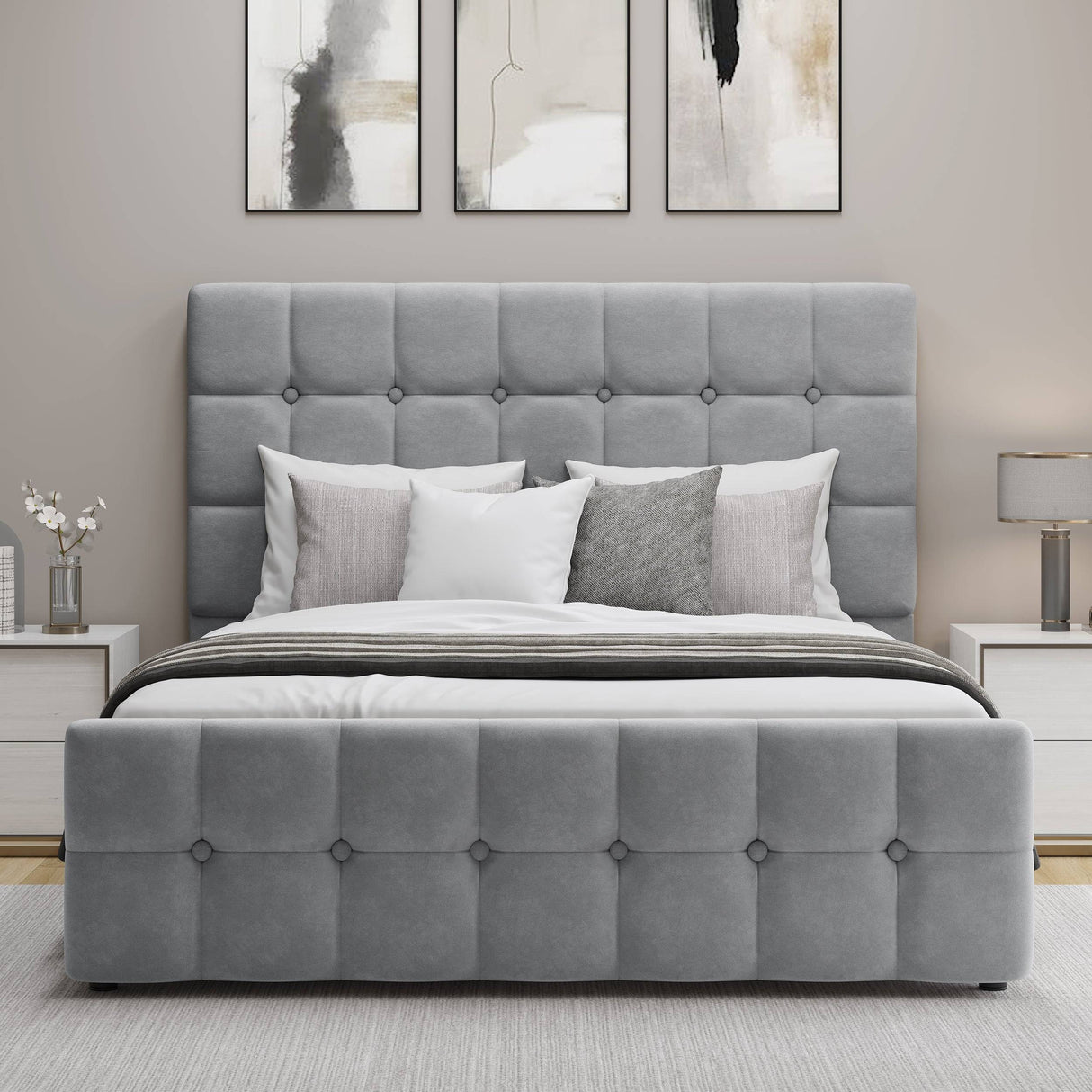 Front view of small double Square Ottoman Storage Bed in light grey velvet with button-tufted headboard and footboard.