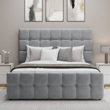 Front view of small double Square Ottoman Storage Bed in light grey velvet with button-tufted headboard and footboard.