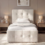 [Beige | Single] Square ottoman bed front view, square-tufted headboard and footboard between wood tables
