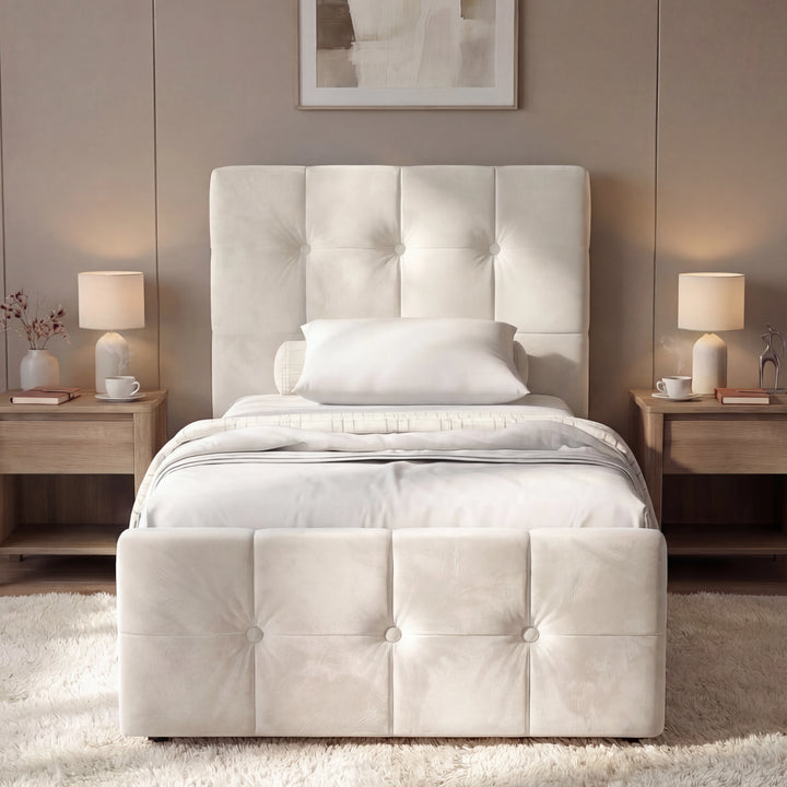 [Beige | Single] Square ottoman bed front view, square-tufted headboard and footboard between wood tables