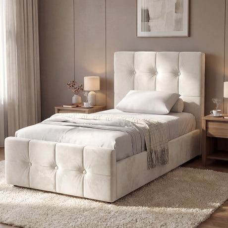 [Beige | Single] Square ottoman bed with grid-tufted headboard and footboard styled between wood nightstands