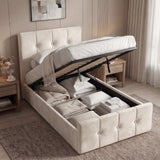 [Beige | Single] Square ottoman bed displaying lifted mattress and organised storage base beneath slats