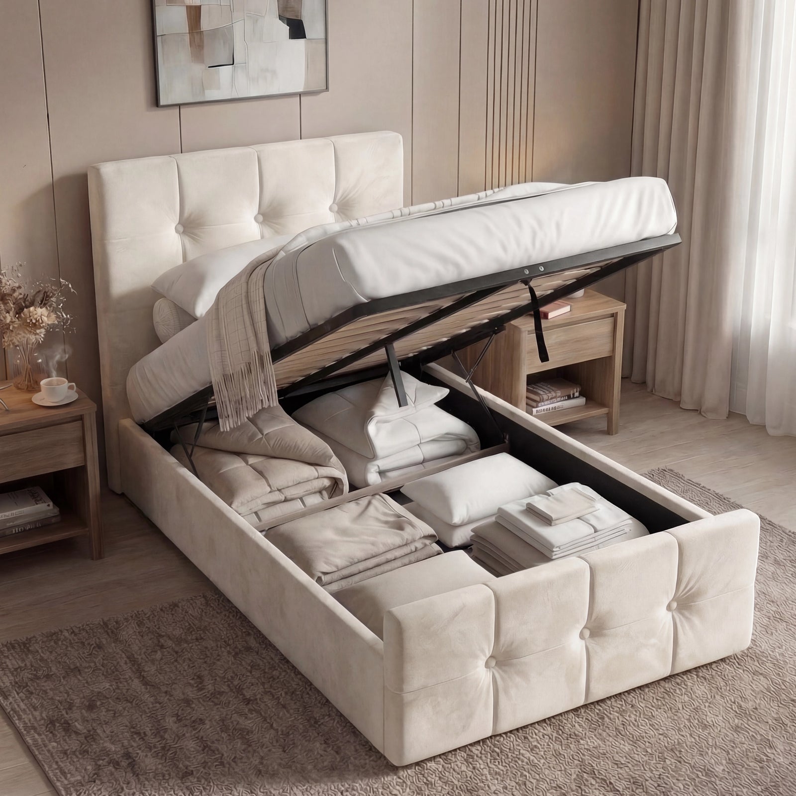 [Beige | Single] Square ottoman bed displaying lifted mattress and organised storage base beneath slats