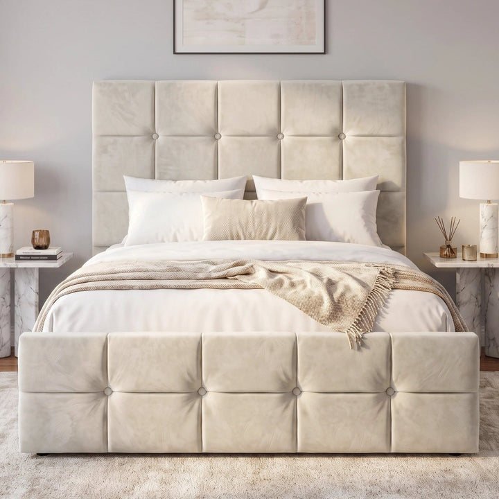 [Small Double | Beige] tufted upholstered bed frame with a matching headboard and footboard, styled with white bedding, a beige throw blanket, marble nightstands, and matching lamps in a symmetrical bedroom setting.