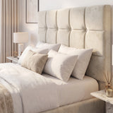 [Small Double | Beige] upholstered bed with a tall, tufted headboard in a warm beige velvet fabric, styled with white and beige bedding, pillows, and matching nightstands in a bright, modern bedroom.