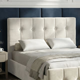 [Small Double | Beige] Close-up of wider square-panelled velvet headboard with five button tufts in a grid against navy