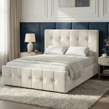 [Small Double | Beige] Velvet ottoman storage bed viewed from the side with square tufted headboard against navy upholstered