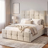 [Small Double | Beige] Velvet ottoman storage bed viewed from the side with square tufted headboard against navy upholstered