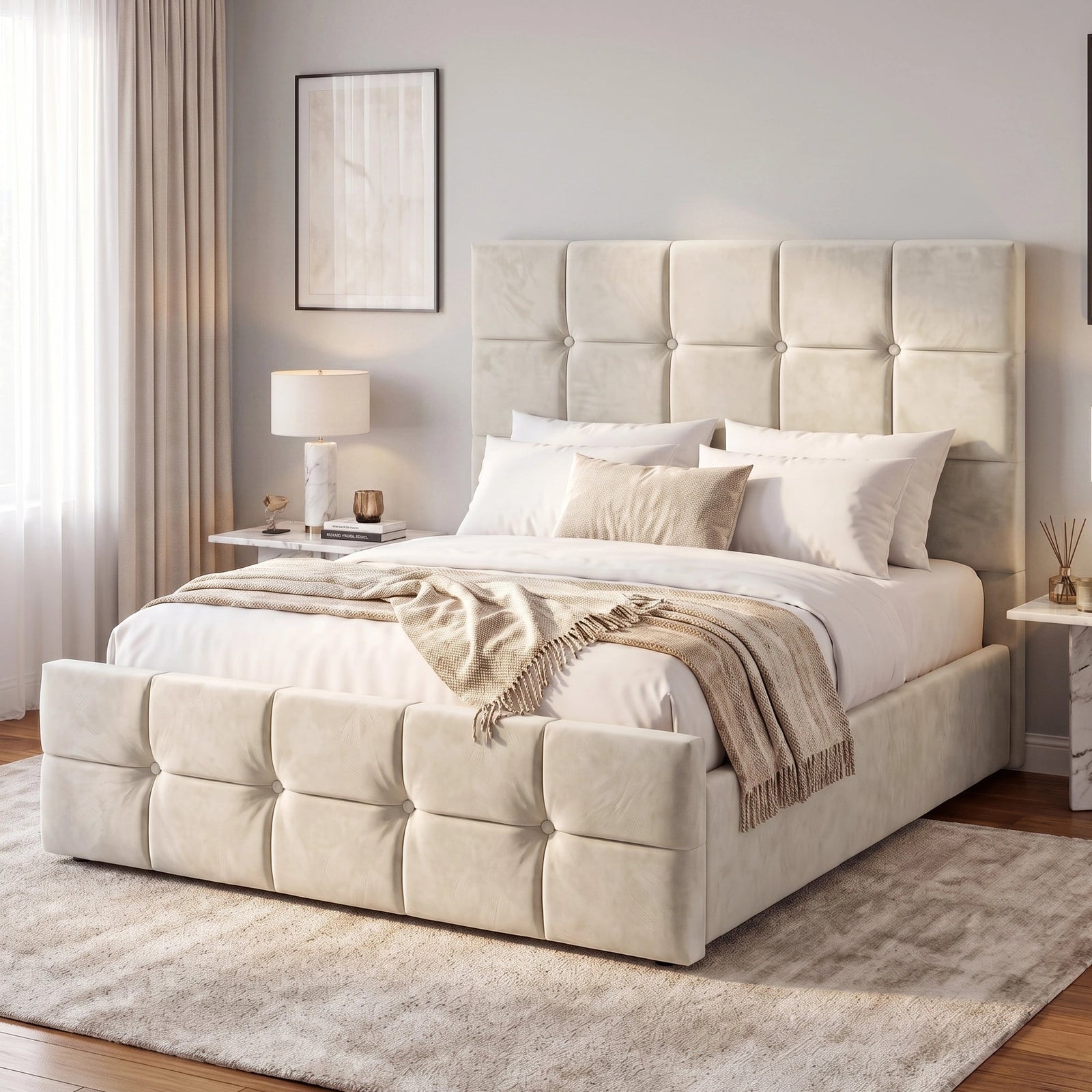 [Small Double | Beige] Velvet ottoman storage bed viewed from the side with square tufted headboard against navy upholstered