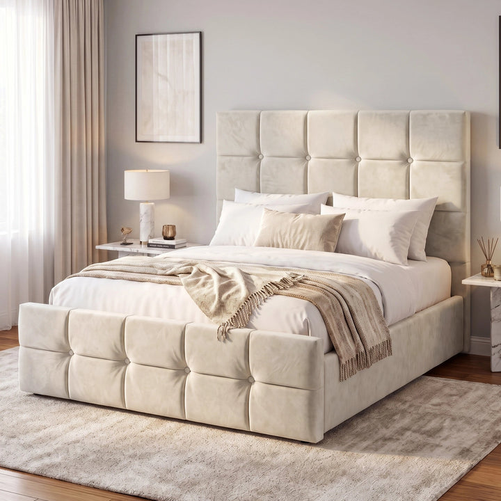 [Small Double | Beige] Velvet ottoman storage bed viewed from the side with square tufted headboard against navy upholstered