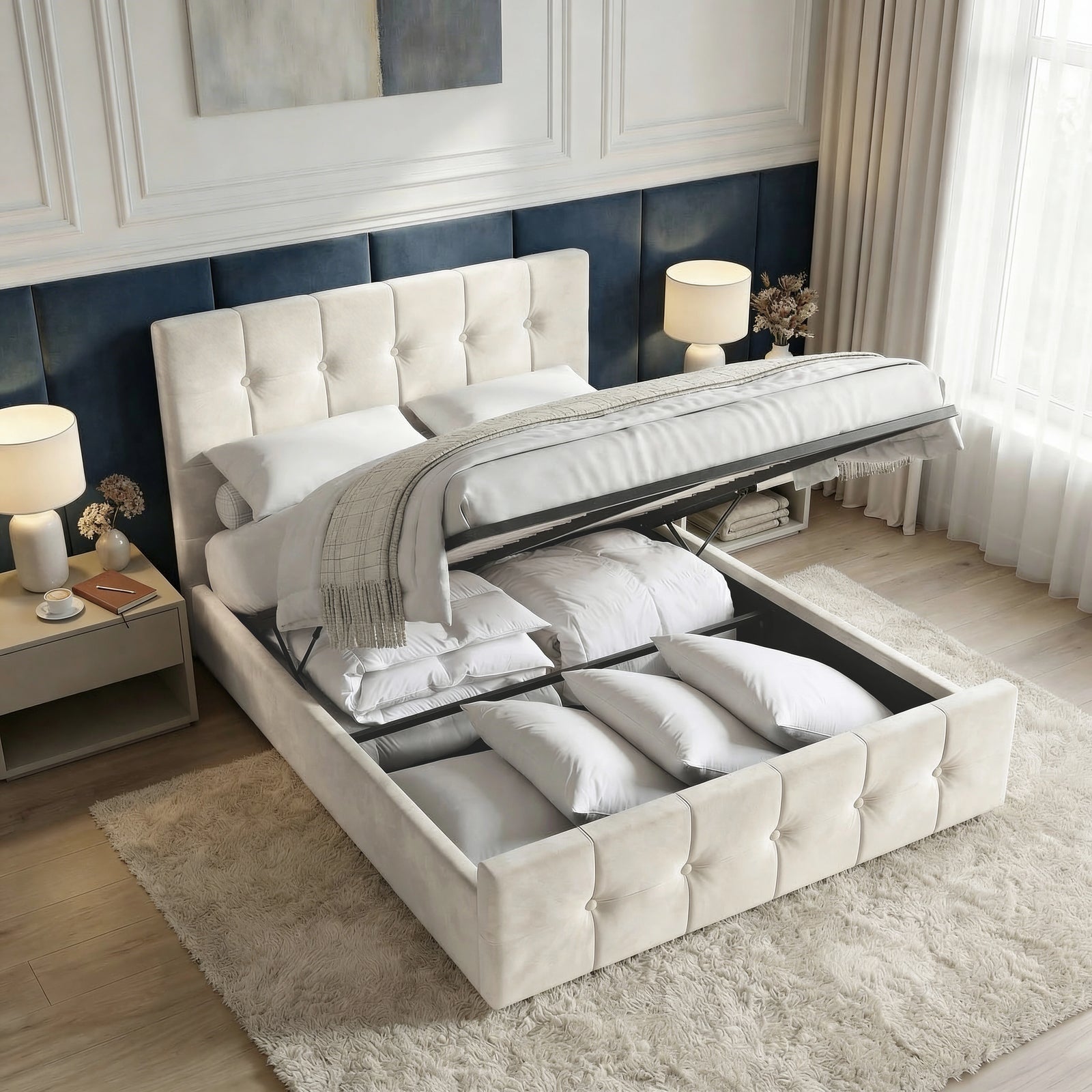 [Small Double | Beige] Ottoman storage bed with mattress lifted revealing deep compartment filled with pillows and cushions
