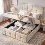 [Small Double | Beige] upholstered storage bed with a tufted headboard and raised platform base, shown in a styled bedroom with the bed frame open to reveal stored bedding and folded blankets.
