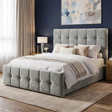 [Double | Grey] tufted velvet bed frame with a matching headboard and footboard, styled in a modern bedroom with white bedding, beige pillows, wooden nightstands, and a dark blue wall.