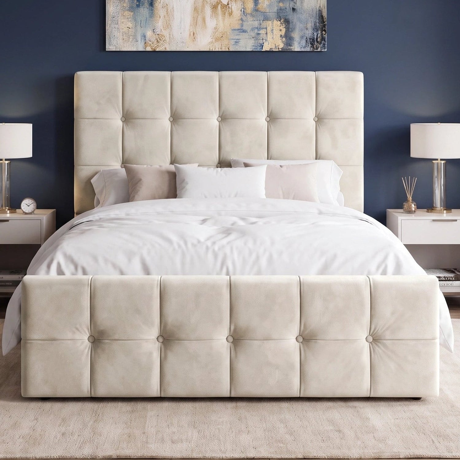 [Double | Beige] Front view of button-tufted ottoman bed centred between cream nightstands with abstract art above