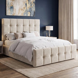 [Double | Beige] Button-tufted ottoman bed from the side with navy blue accent wall and same nightstands