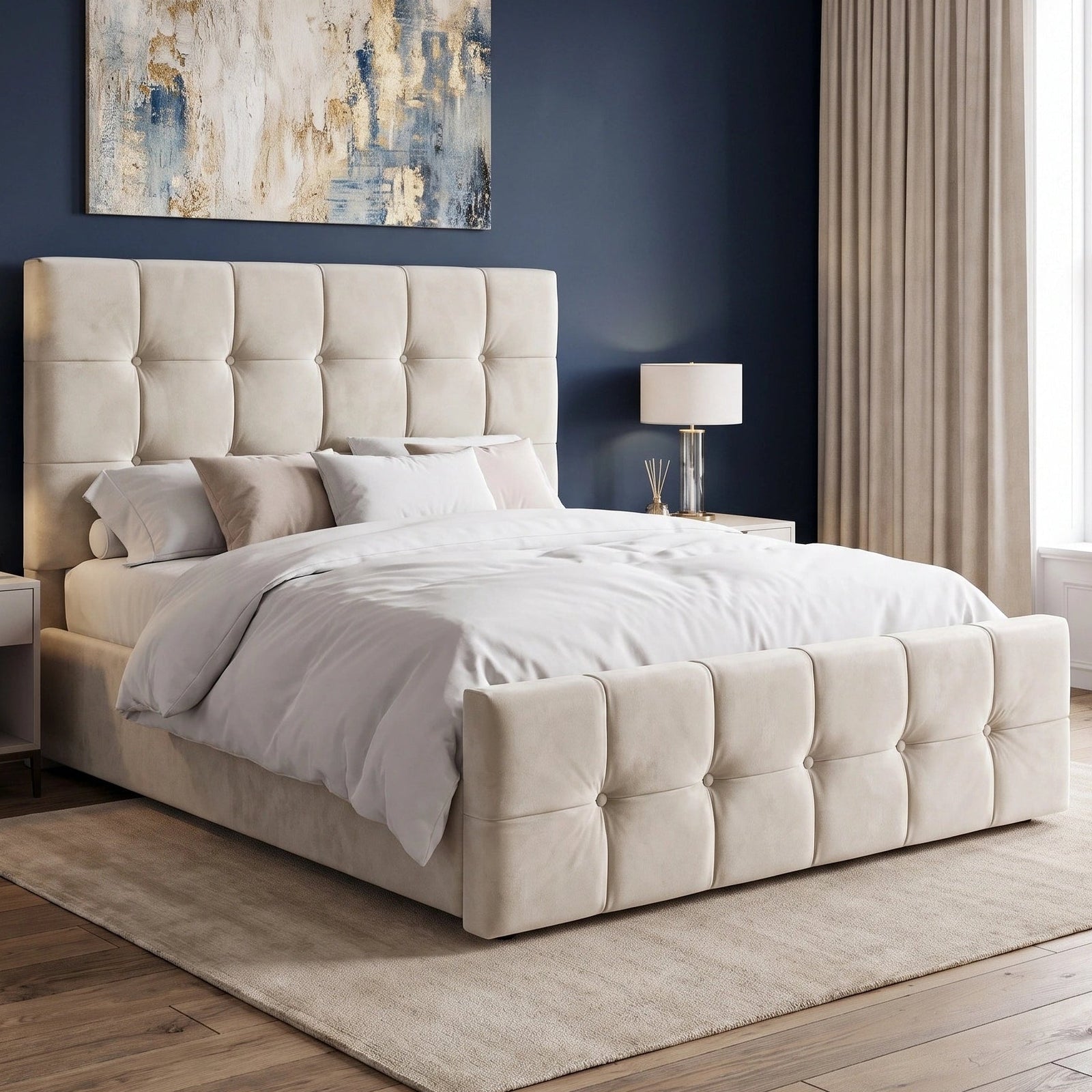 [Double | Beige] Button-tufted ottoman bed from the side with navy blue accent wall and same nightstands