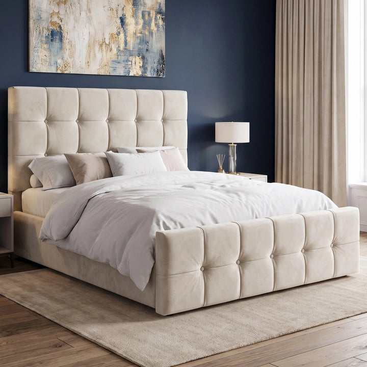 [Double | Beige] Button-tufted ottoman bed from the side with navy blue accent wall and same nightstands