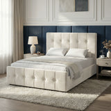 [Double | Beige] Button-tufted ottoman bed from the side with navy panelled accent wall and grey nightstands