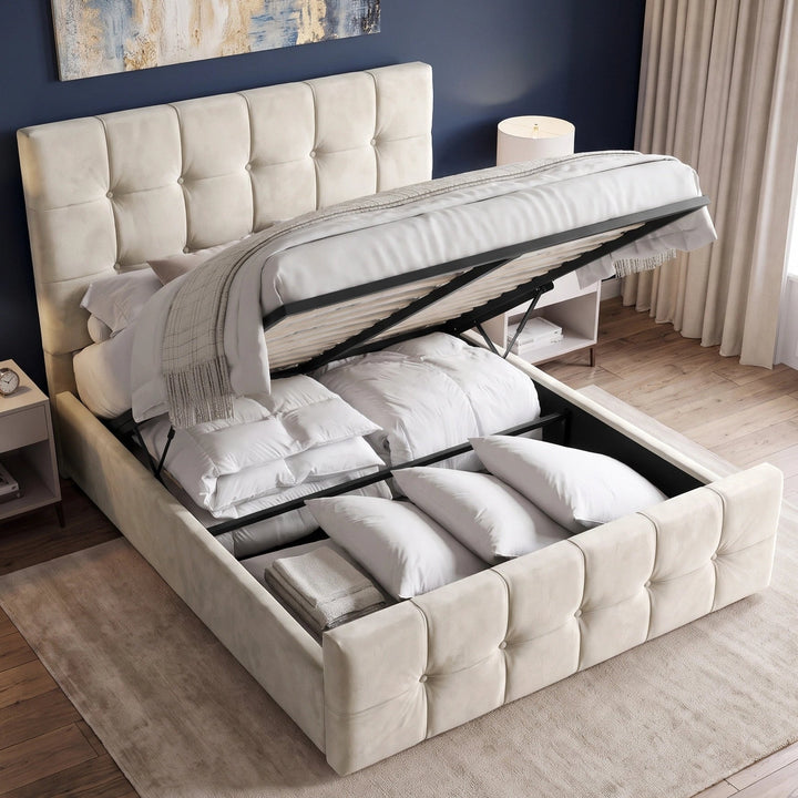 [Double | Beige] Ottoman bed lifted open revealing deep storage compartment filled with pillows and folded duvets
