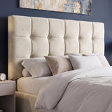 [Double | Beige] tufted upholstered bed headboard with a matching bed frame, styled with white and beige bedding in a modern bedroom setting with a dark blue wall.