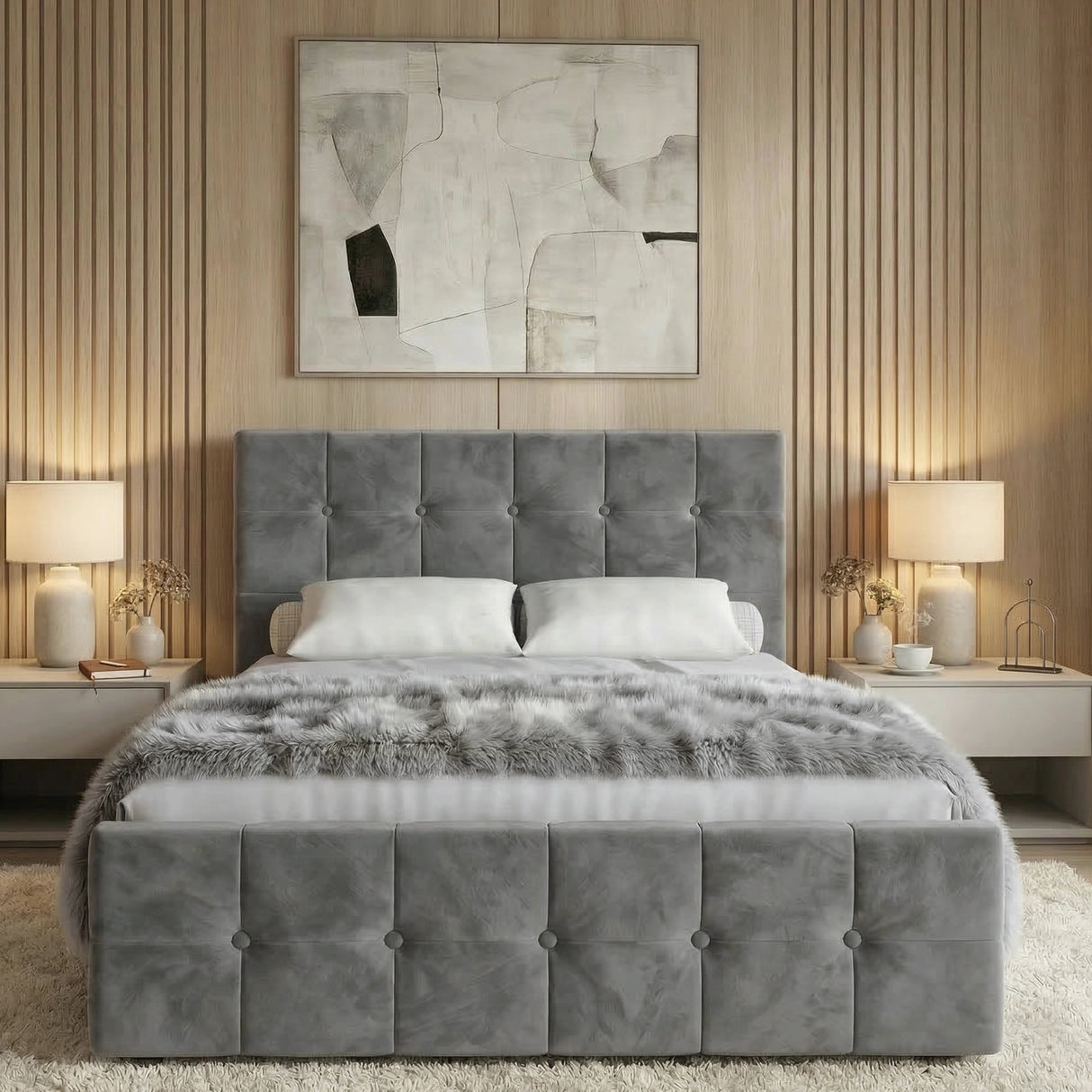 [Double | Dark Grey] Front view of tufted ottoman bed centred between floating nightstands with matching ceramic lamps and